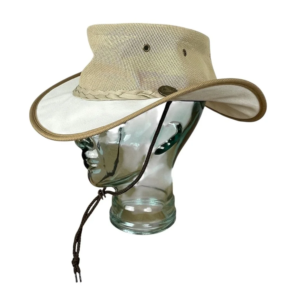 Barmah 1057 Canvas Drover Hat Mens L UV Protection Beige Mesh Outback Safari USA